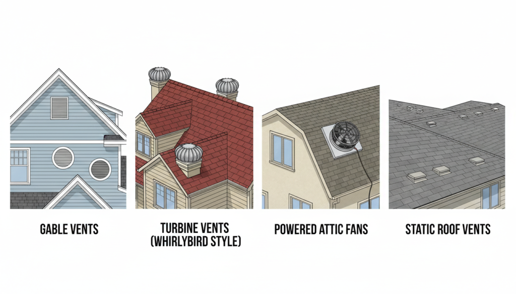 various roof ventilation types including gable vents and turbine vents