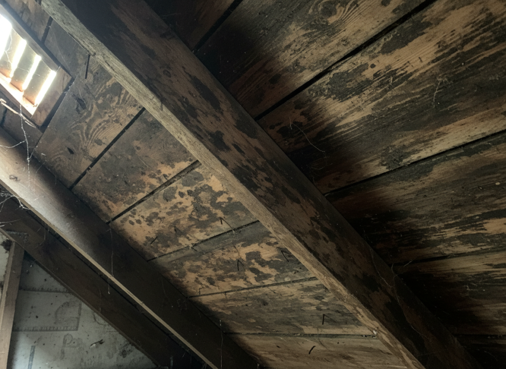 water stains and moisture damage on attic wood rafters