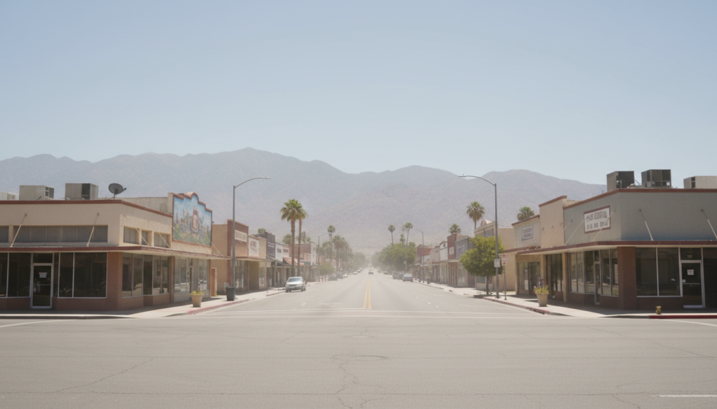 Hemet California skyline showing hot desert climate and commercial buildings
