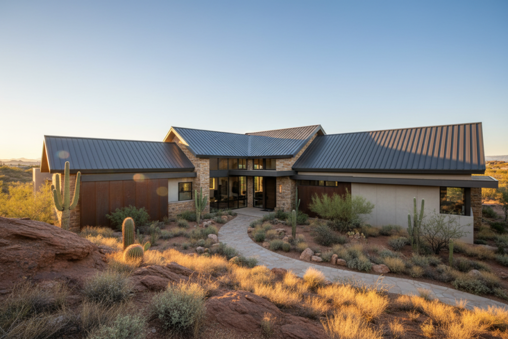 Modern metal roofing installation on residential home in desert climate