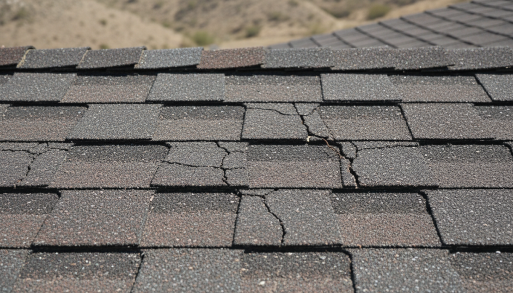 UV damage on roof shingles in Hemet California showing weathering and deterioration