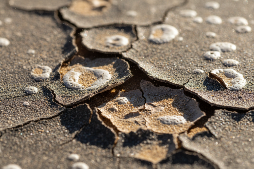 close-up of severely cracked and blistered commercial roof membrane