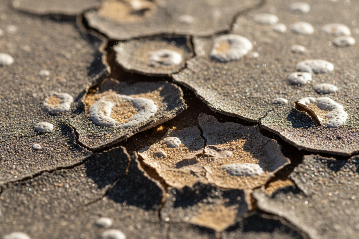 close-up of severely cracked and blistered commercial roof membrane