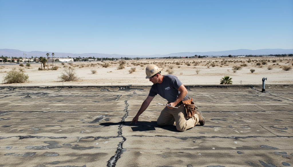 commercial roof inspection showing weather damage in Hemet California