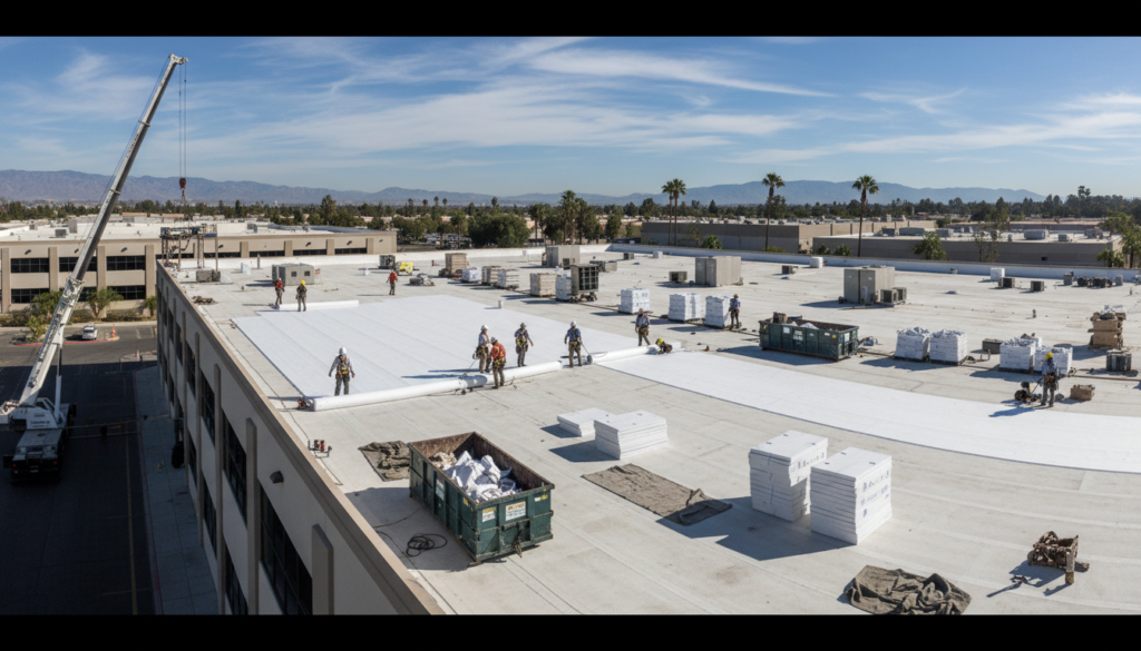 commercial roof replacement in progress showing professional installation