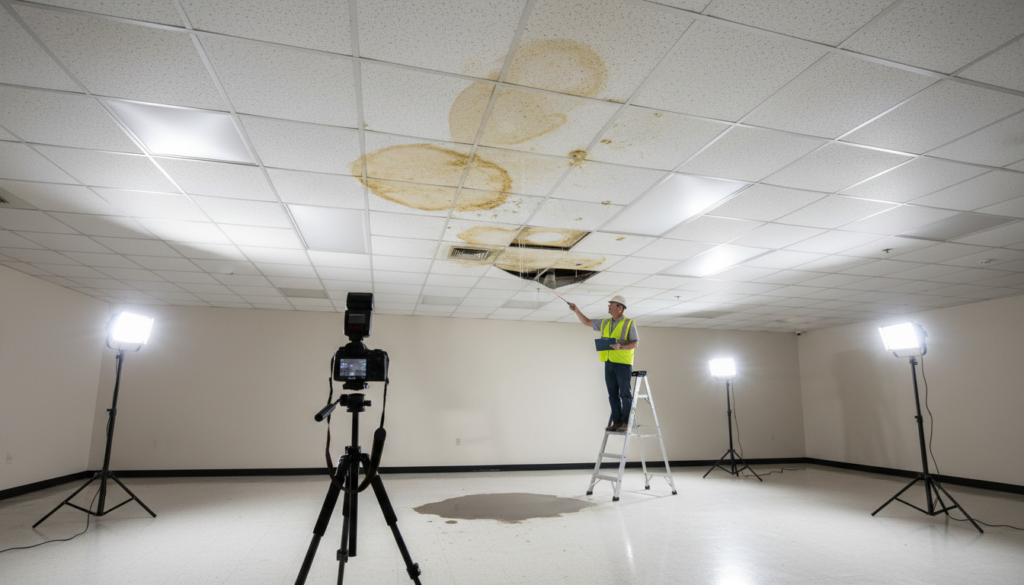 commercial roof with multiple leak points and water damage stains
