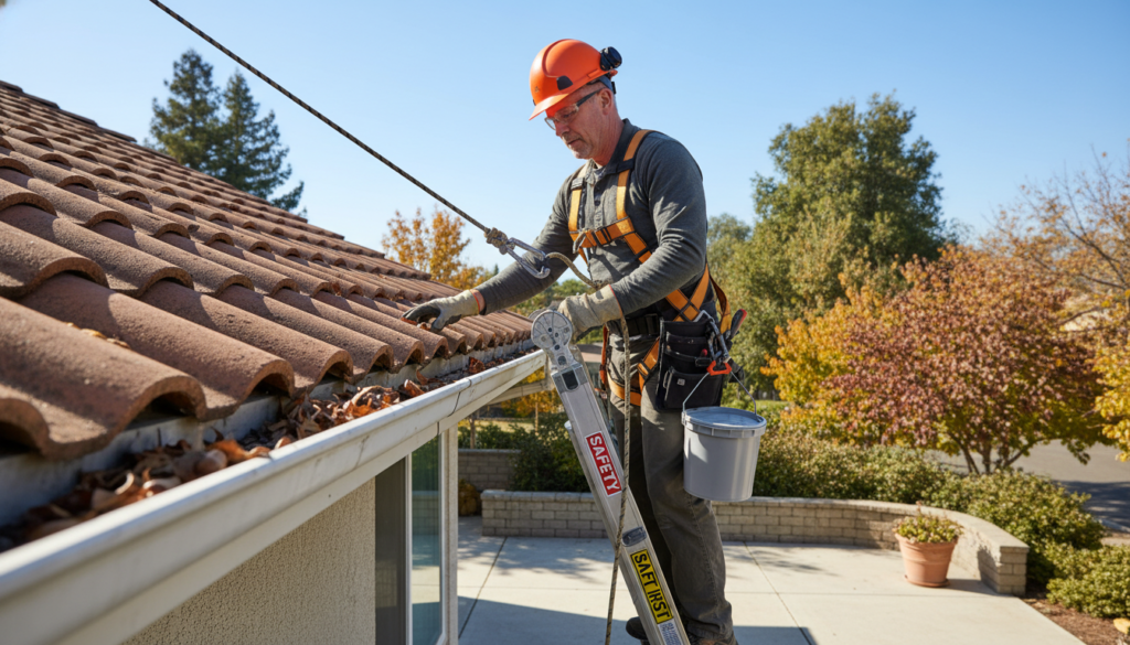 homeowner performing seasonal roof maintenance inspection safely from ladder