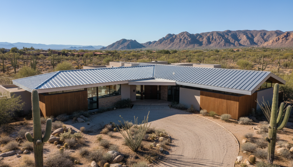 modern metal roof installation on California desert home reflecting sunlight