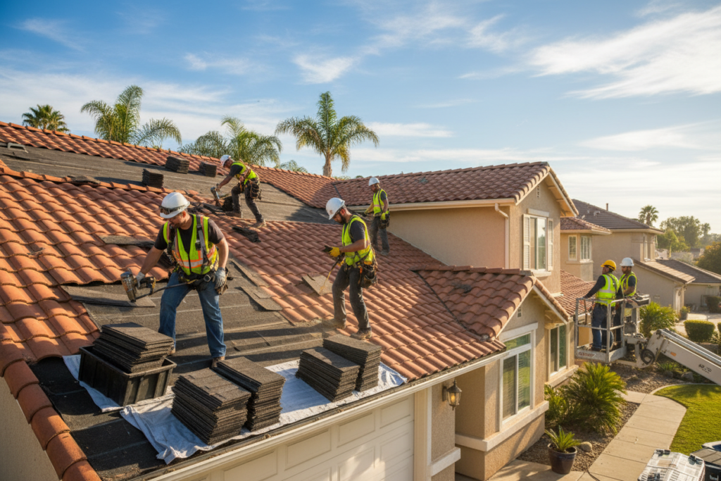 professional roofing crew installing new shingles on residential home