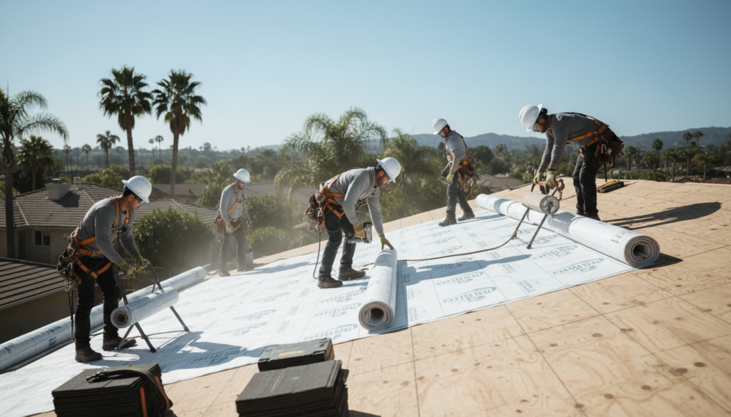 roofing crew installing underlayment on prepared roof deck