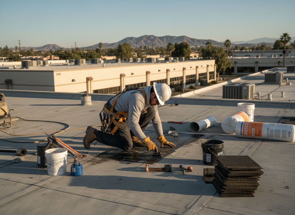 roofing professional repairing isolated damage on commercial roof