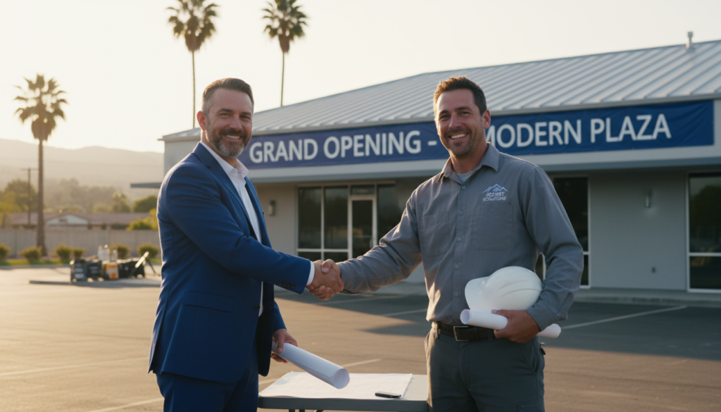satisfied commercial property owner shaking hands with roofing contractor